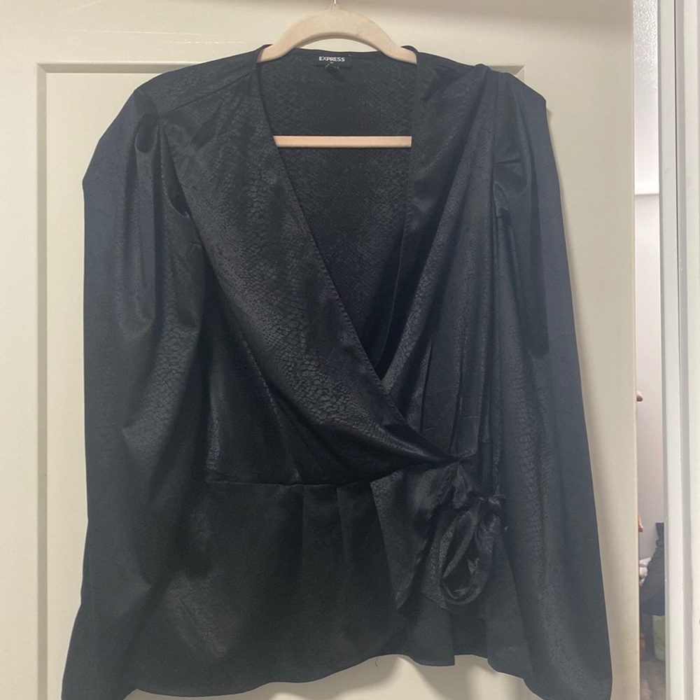Snakeskin satiny wrap top. Express. Worn once.